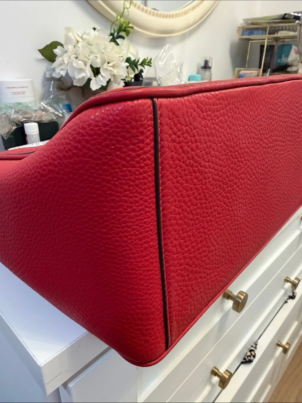 New Tory Burch Red Pebbled Leather Robinson Tote with Top Handles